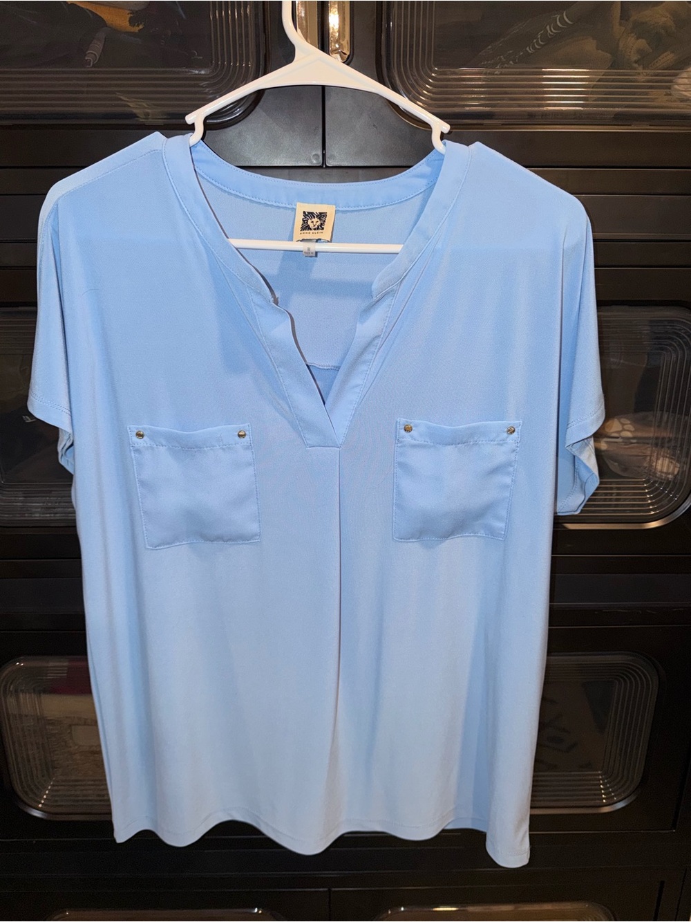 Light Blue Short Sleeve V-Neck Pocket Top